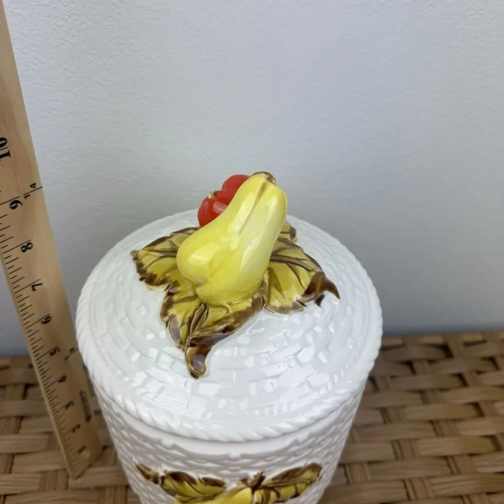 Vintage Ceramic Fruit Canister Jar Lid Basketweave Pear Apple Grapes Japan 10”